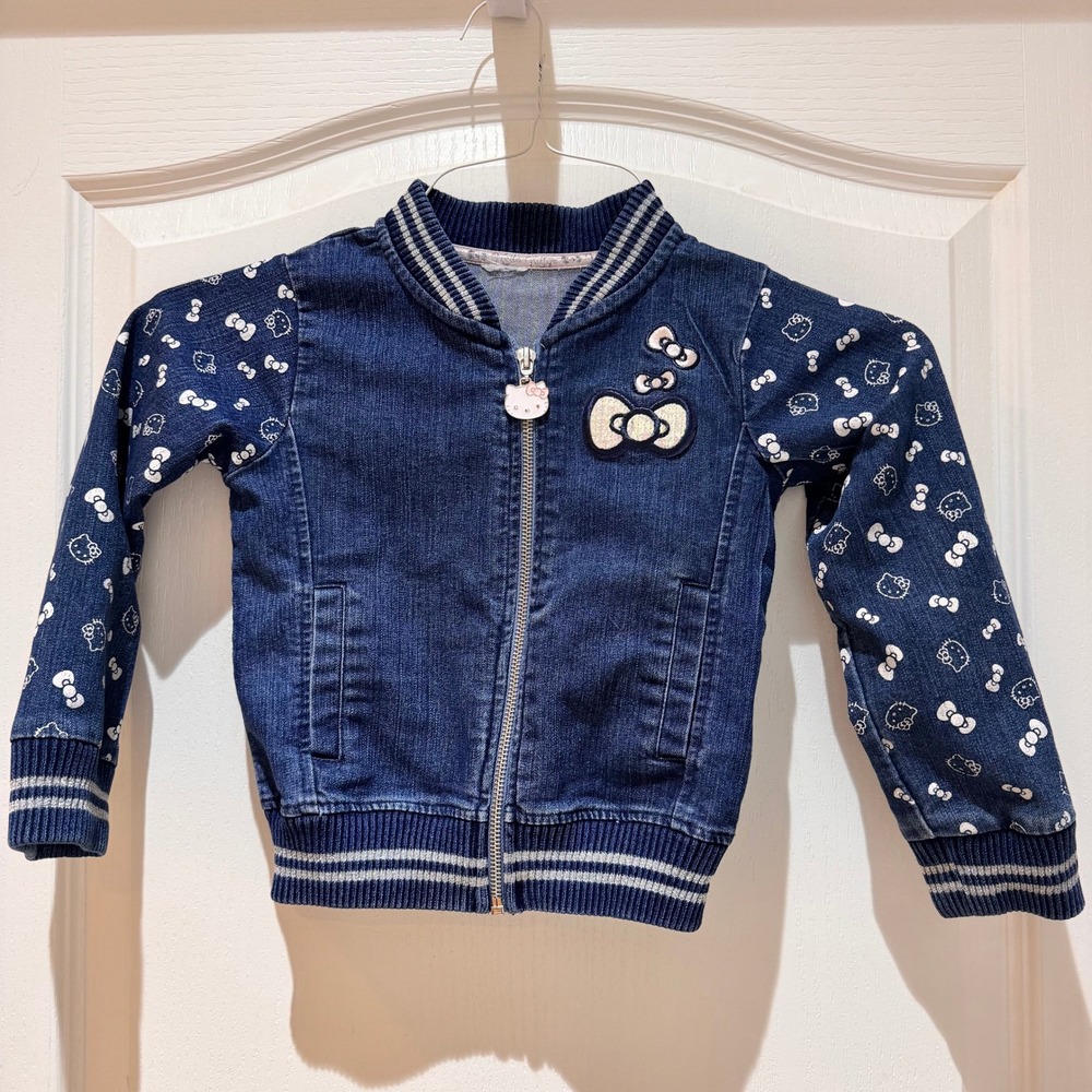 Vtg Kids Girls Hello Kitty 5T Denim Bomber Jacket Blue Sequin Bow Zipper Charm